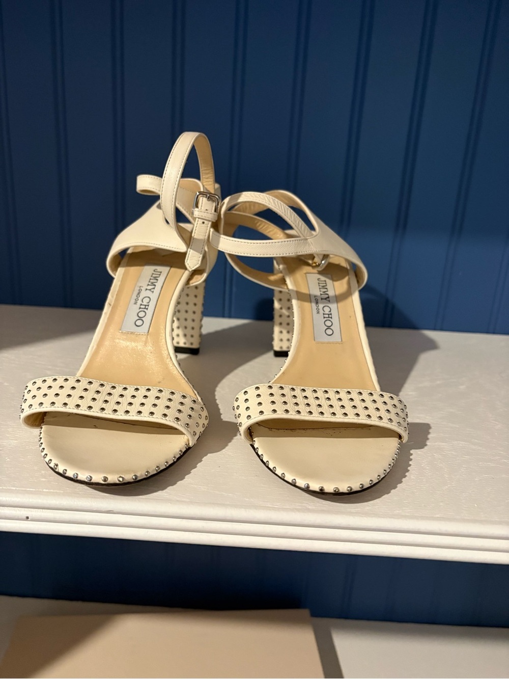 Jimmy Choo Cream Studded Block Heel Sandals